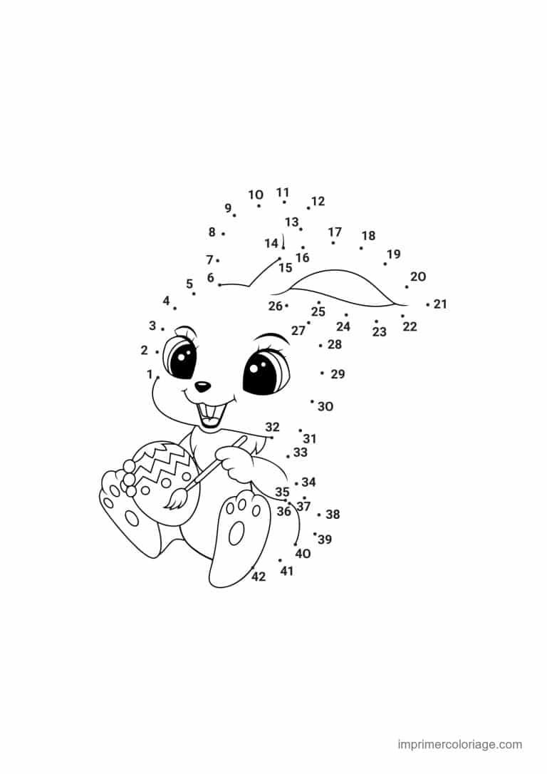 point a relier paques 1 a 45 lapin avec un oeuf peint - dessin gratuit &agrave; imprimer
