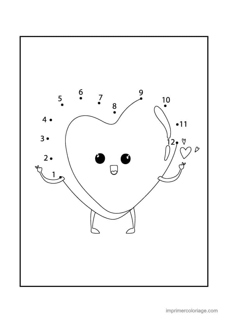 point a relier saint valentin 1 a 12 coeur souriant - dessin gratuit &agrave; imprimer