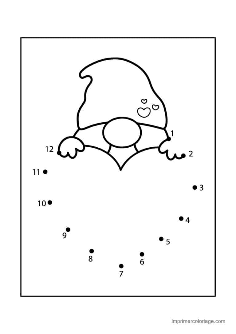 point a relier saint valentin 1 a 12 gnome avec coeurs - dessin gratuit &agrave; imprimer