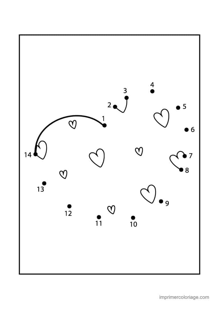 point a relier saint valentin 1 a 14 envolee de coeurs - dessin gratuit &agrave; imprimer