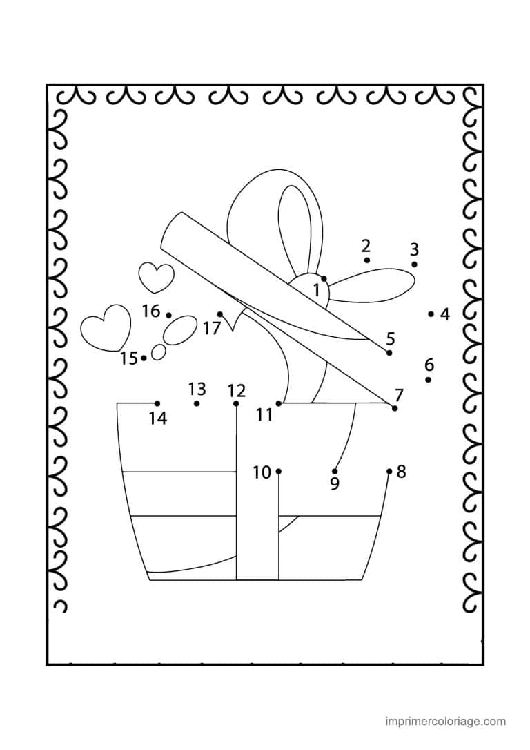 point a relier saint valentin 1 a 17 cadeau avec un noeud - dessin gratuit &agrave; imprimer