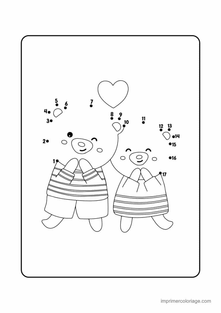 point a relier saint valentin 1 a 17 deux oursons avec un coeur - dessin gratuit &agrave; imprimer