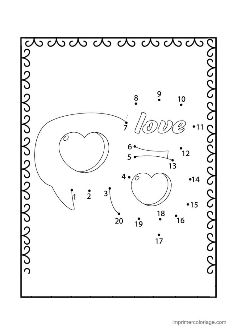 point a relier saint valentin 1 a 20 bulle avec le mot love - dessin gratuit &agrave; imprimer