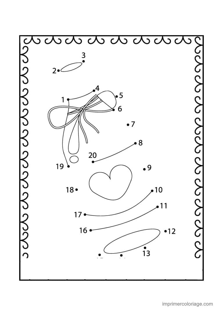 point a relier saint valentin 1 a 20 coeur avec un noeud - dessin gratuit &agrave; imprimer