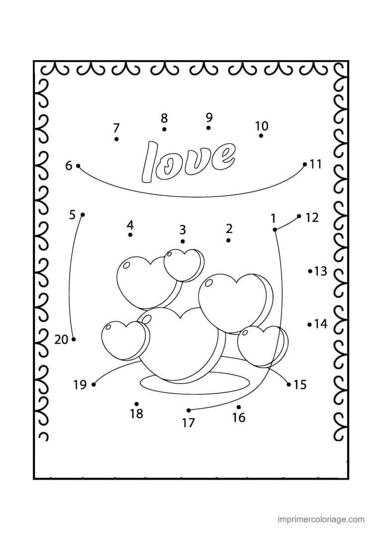 point a relier saint valentin 1 a 20 coeurs et le mot love - dessin gratuit &agrave; imprimer