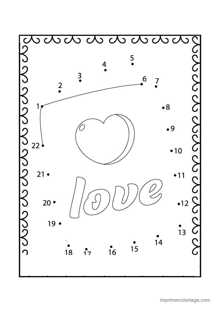 point a relier saint valentin 1 a 22 coeur et le mot love - dessin gratuit &agrave; imprimer