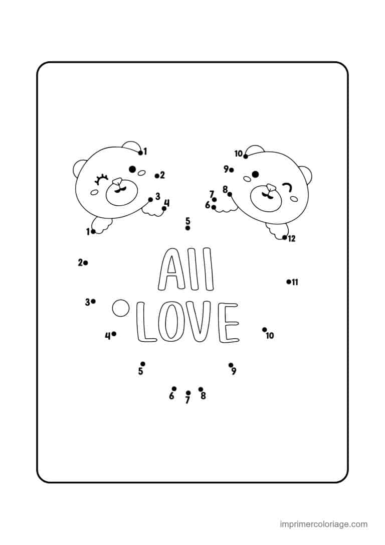 point a relier saint valentin 1 a 23 deux oursons et le mot love - dessin gratuit &agrave; imprimer