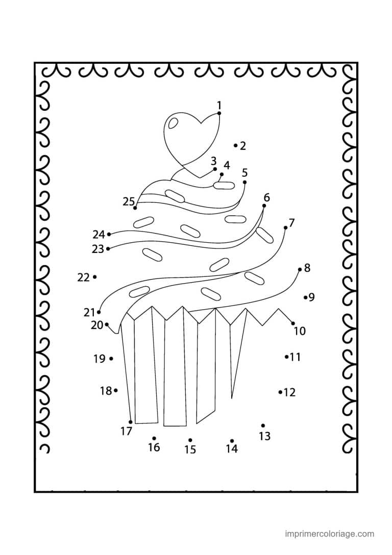 point a relier saint valentin 1 a 25 cupcake a la creme - dessin gratuit &agrave; imprimer