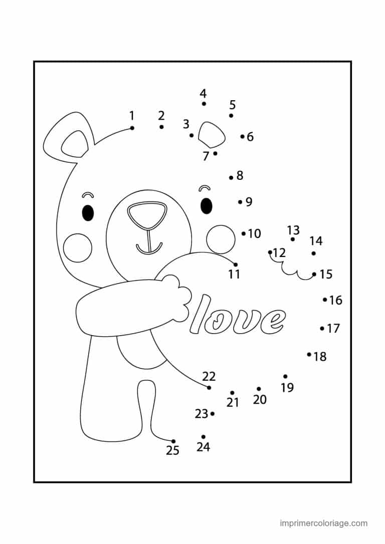 point a relier saint valentin 1 a 25 ourson avec le mot love - dessin gratuit &agrave; imprimer