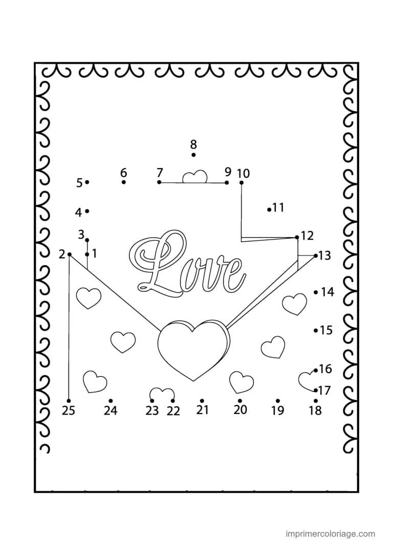 point a relier saint valentin 1 a 25 pancarte avec le mot love - dessin gratuit &agrave; imprimer