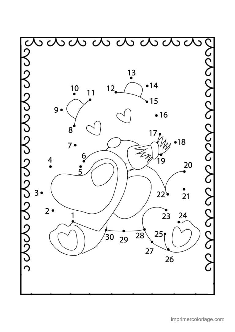 point a relier saint valentin 1 a 30 chien avec des coeurs - dessin gratuit &agrave; imprimer