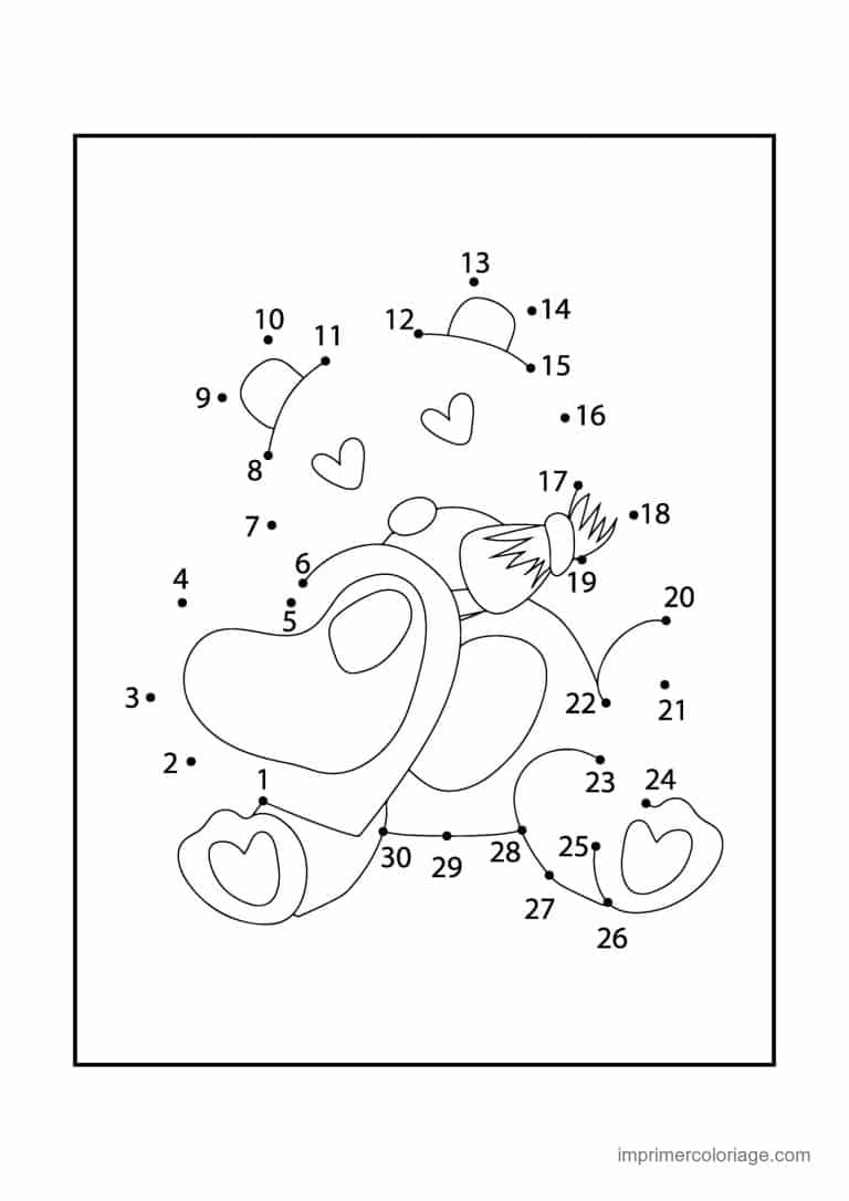 point a relier saint valentin 1 a 30 ourson avec coeurs - dessin gratuit &agrave; imprimer