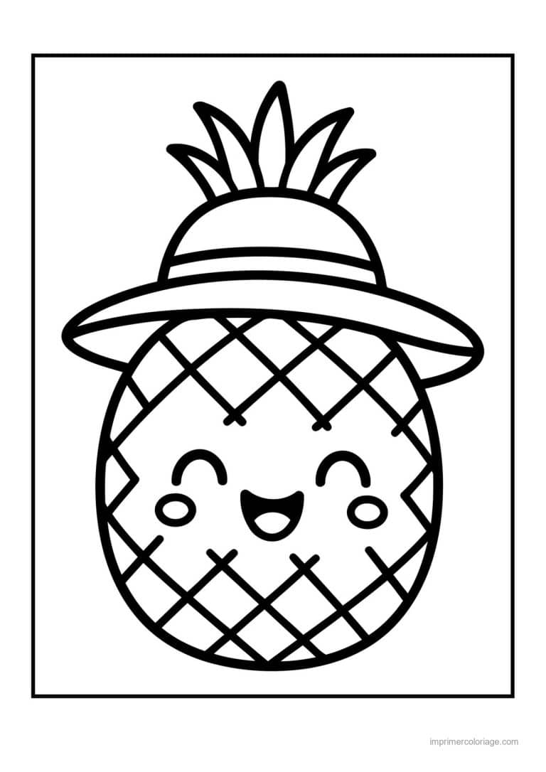 coloriage ananas ananas kawaii au chapeau - dessin gratuit &agrave; imprimer