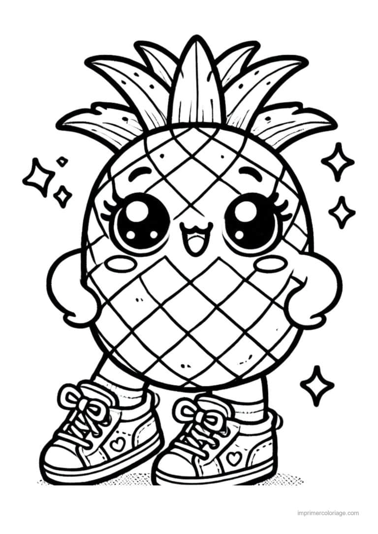 coloriage ananas ananas kawaii en baskets 2 - dessin gratuit &agrave; imprimer