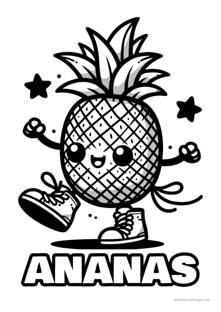 coloriage ananas ananas kawaii en baskets - dessin gratuit &agrave; imprimer