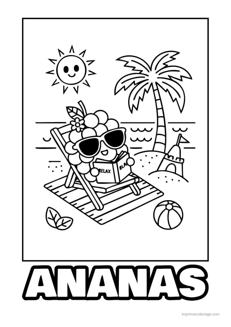 coloriage ananas ananas kawaii en transat - dessin gratuit &agrave; imprimer