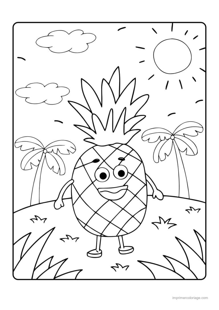 coloriage ananas ananas kawaii entre les palmiers - dessin gratuit &agrave; imprimer