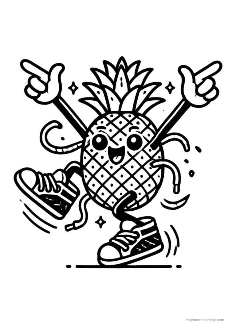 coloriage ananas ananas kawaii qui danse - dessin gratuit &agrave; imprimer