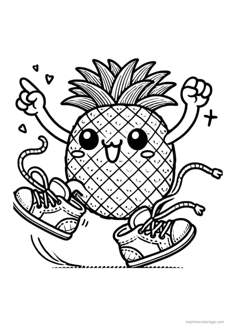 coloriage ananas ananas kawaii qui marche - dessin gratuit &agrave; imprimer