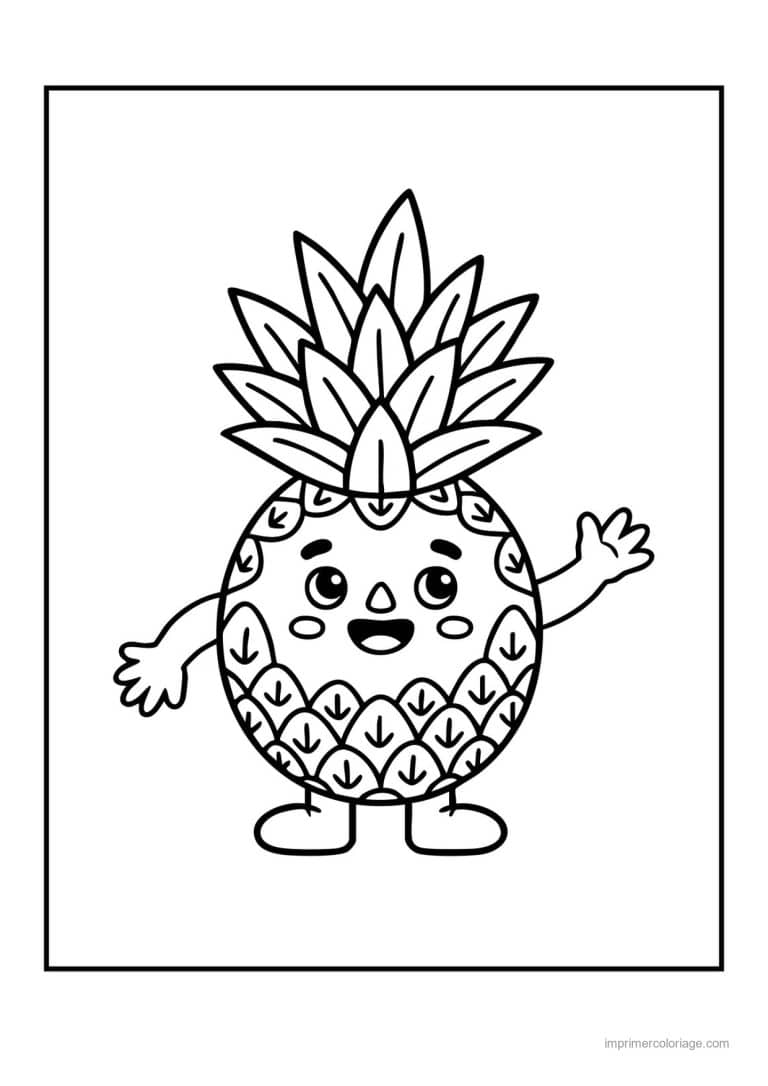 coloriage ananas ananas kawaii qui salue - dessin gratuit &agrave; imprimer