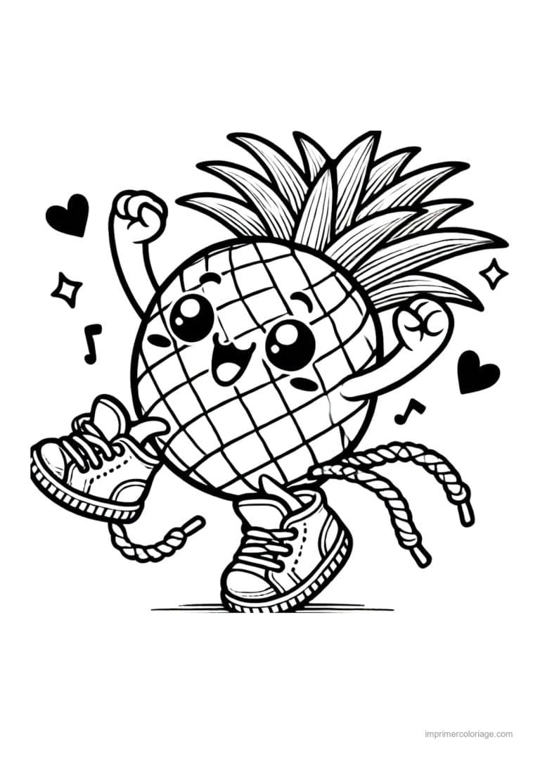 coloriage ananas ananas kawaii qui saute - dessin gratuit &agrave; imprimer