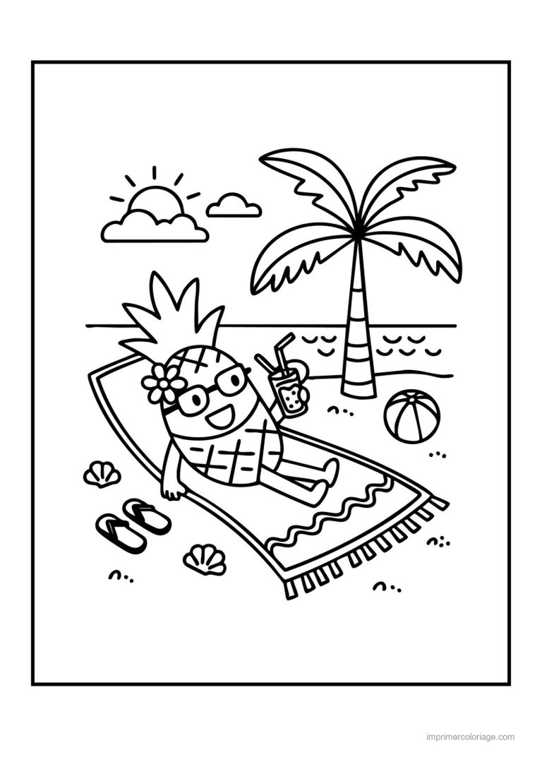 coloriage ananas ananas kawaii sur la plage - dessin gratuit &agrave; imprimer