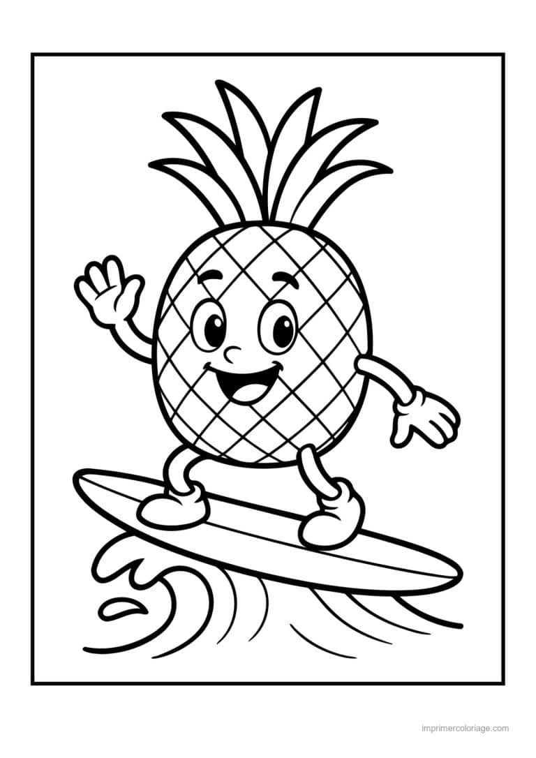 coloriage ananas ananas kawaii surfeur - dessin gratuit &agrave; imprimer