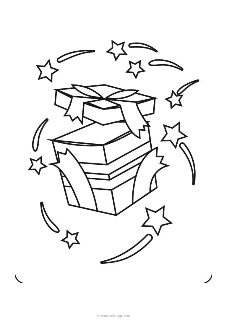 coloriage anniversaire cadeau ouvert et etoiles - dessin gratuit &agrave; imprimer