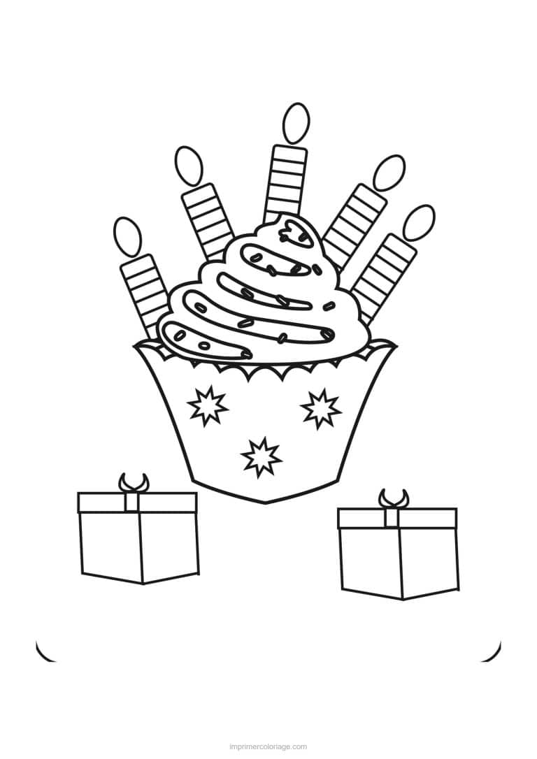 coloriage anniversaire cupcake bougies et cadeaux - dessin gratuit &agrave; imprimer