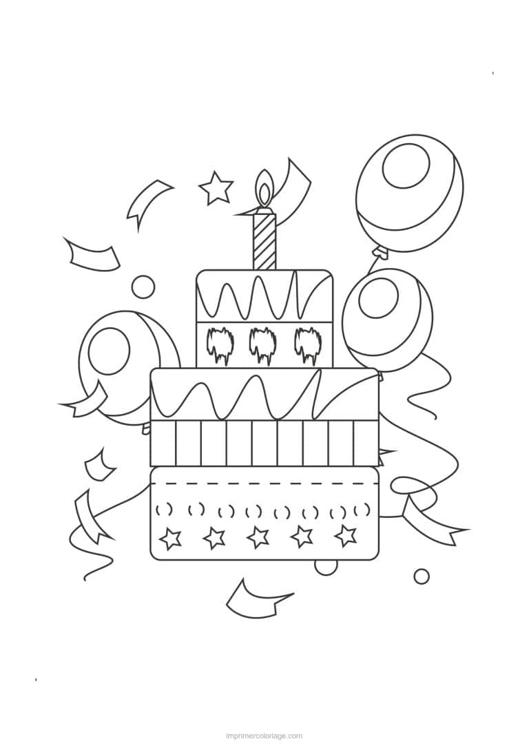 coloriage anniversaire gateau ballons et confettis - dessin gratuit &agrave; imprimer