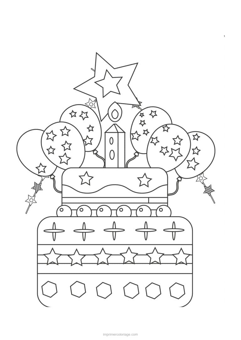 coloriage anniversaire gateau ballons et etoile filante - dessin gratuit &agrave; imprimer