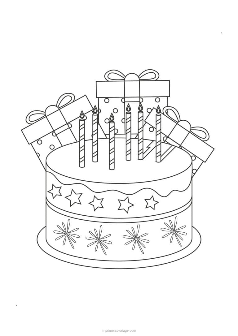 coloriage anniversaire gateau bougies et cadeaux - dessin gratuit &agrave; imprimer
