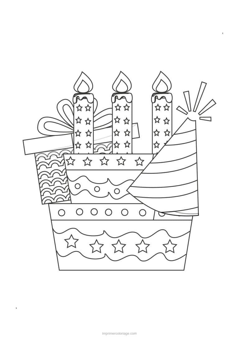 coloriage anniversaire gateau cadeaux et chapeau de fete - dessin gratuit &agrave; imprimer