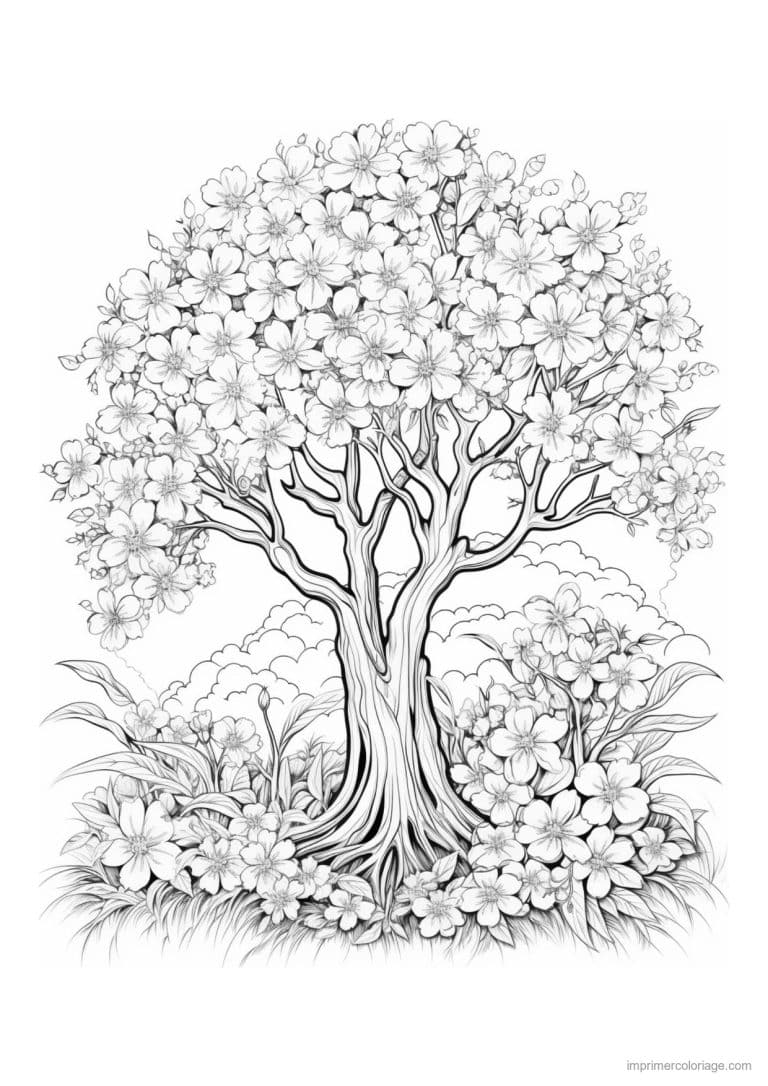 coloriage arbre en fleurs et buissons - dessin gratuit &agrave; imprimer
