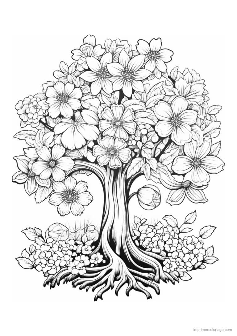 coloriage arbre en fleurs et racines - dessin gratuit &agrave; imprimer