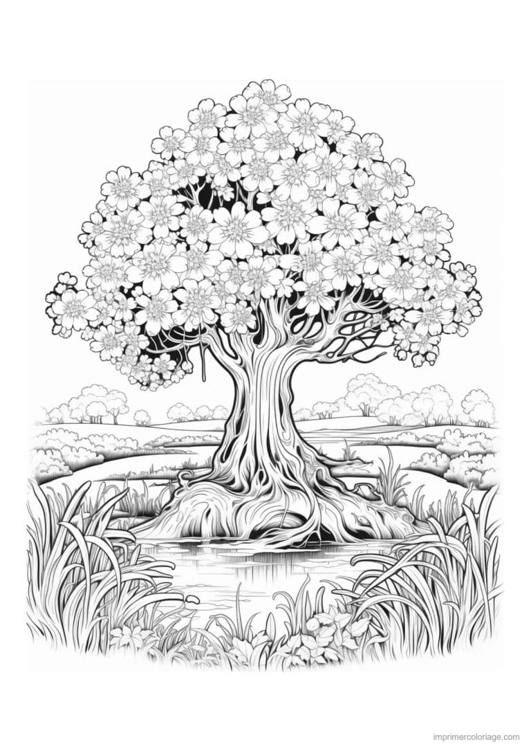 coloriage arbre fleuri au bord de l eau - dessin gratuit &agrave; imprimer