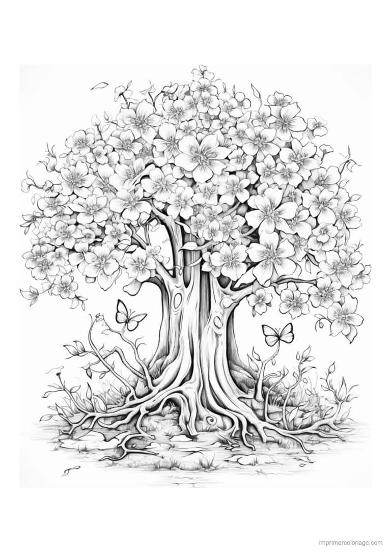 coloriage arbre fleuri et papillons - dessin gratuit &agrave; imprimer