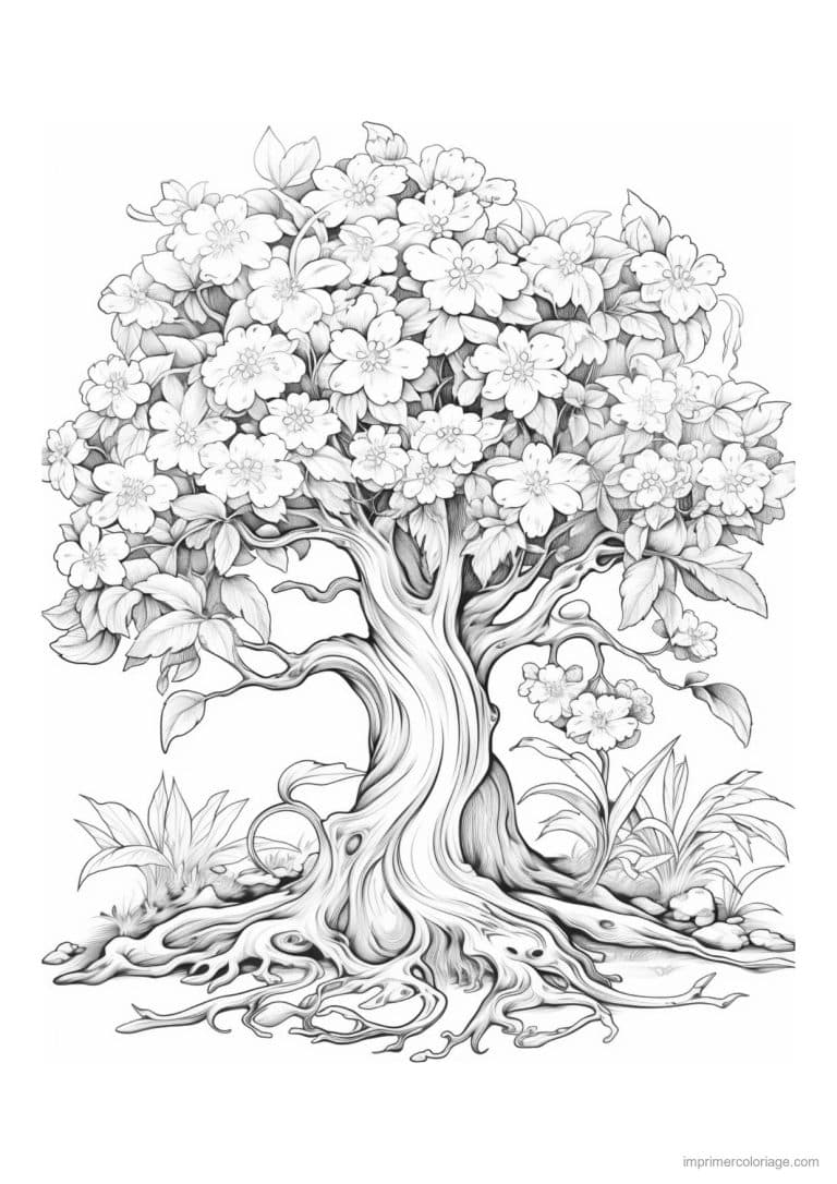 coloriage arbre fleuri racines apparentes - dessin gratuit &agrave; imprimer