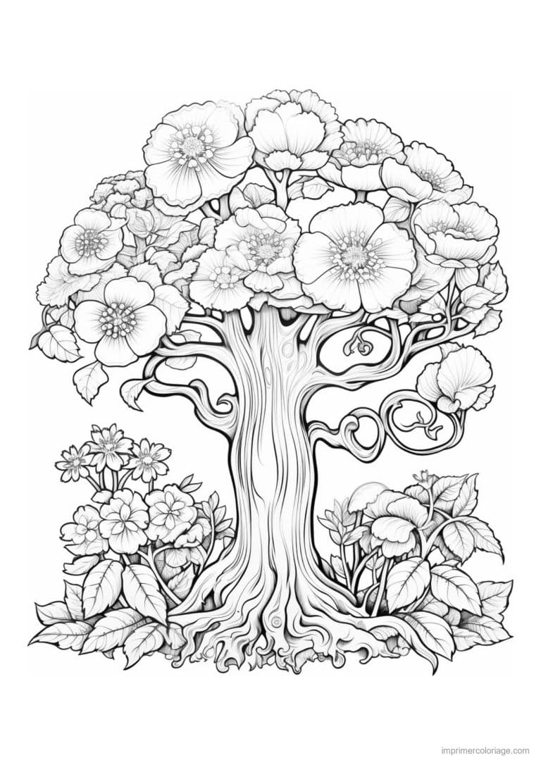 coloriage arbre fleuri volutes - dessin gratuit &agrave; imprimer