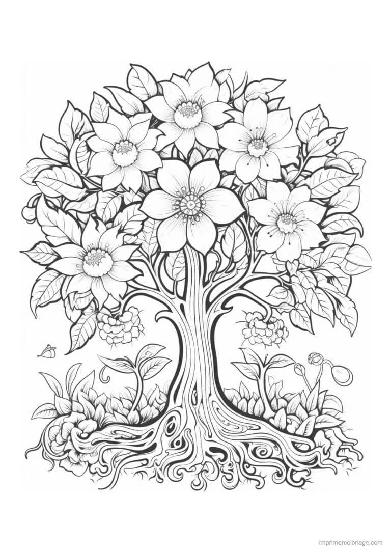 coloriage arbre fleurs geantes - dessin gratuit &agrave; imprimer