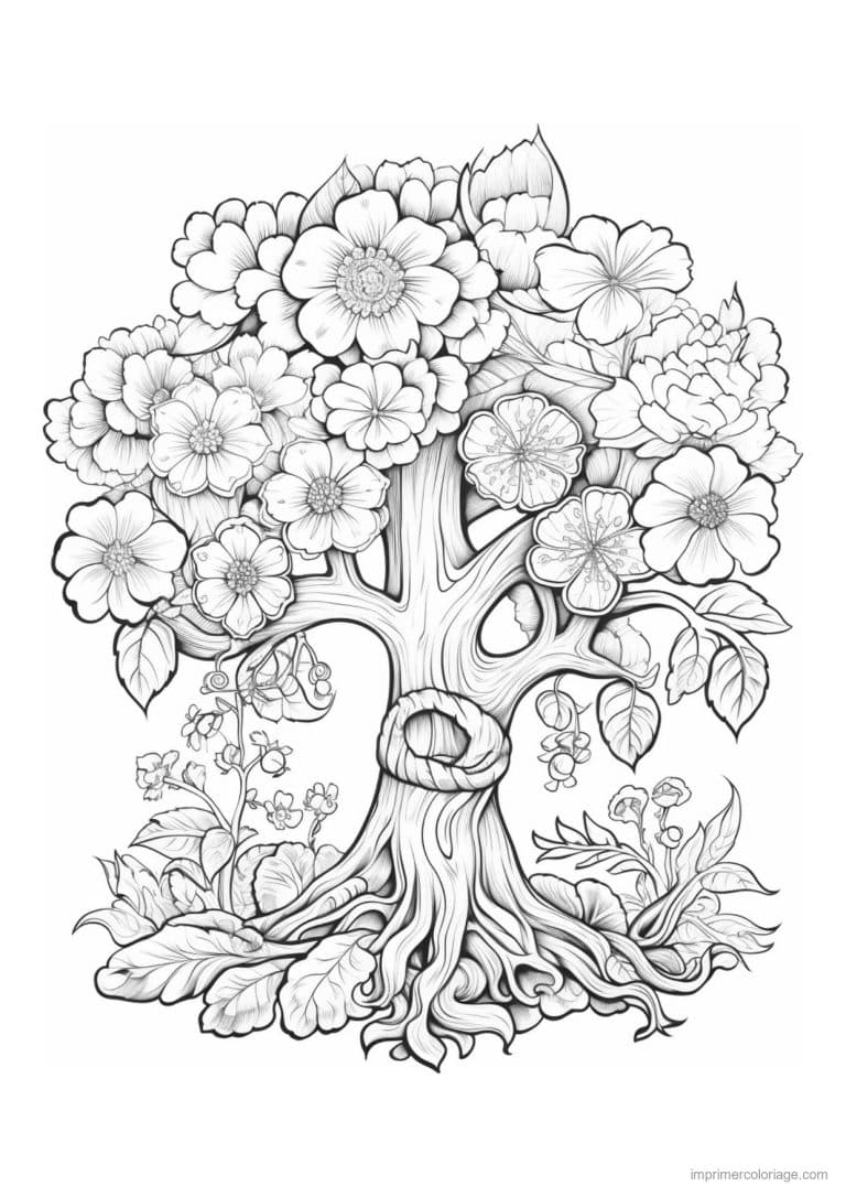 coloriage arbre fleurs sauvages - dessin gratuit &agrave; imprimer