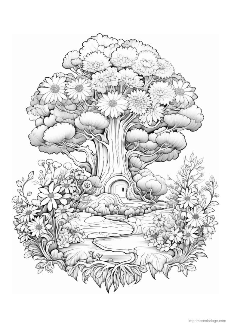 coloriage arbre jardin fleuri ruisseau - dessin gratuit &agrave; imprimer