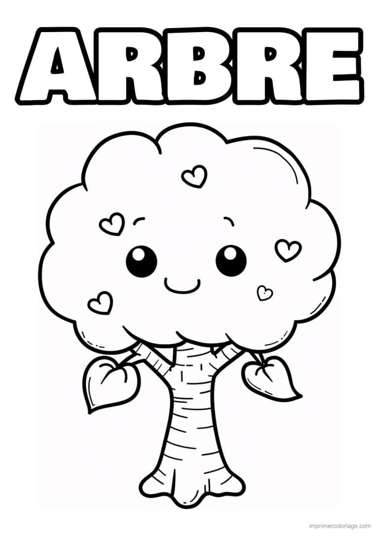coloriage arbre kawai petits coeurs - dessin gratuit &agrave; imprimer