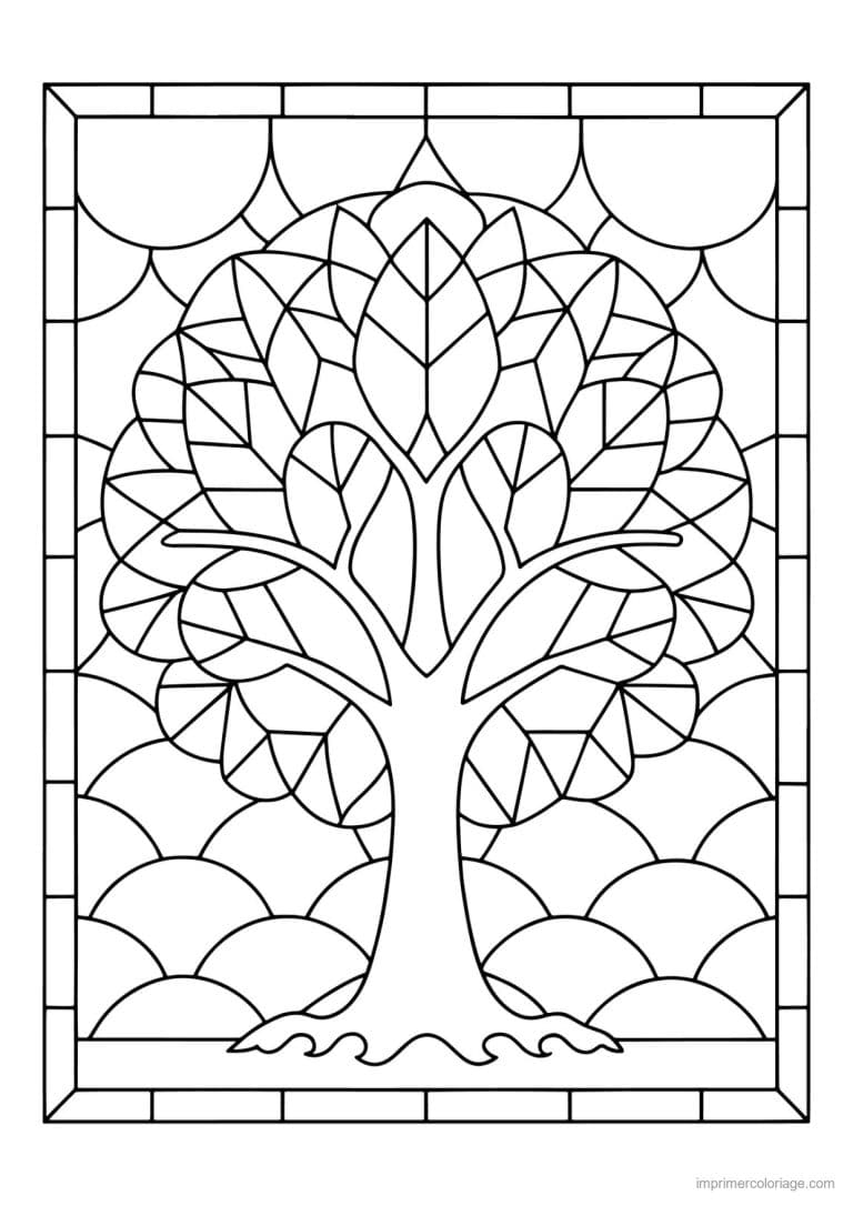 coloriage arbre vitrail couronne ronde - dessin gratuit &agrave; imprimer