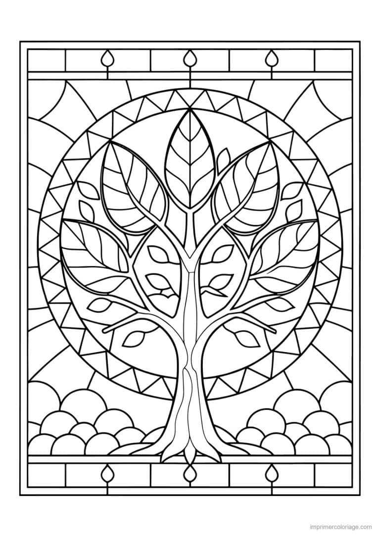 coloriage arbre vitrail encadre - dessin gratuit &agrave; imprimer