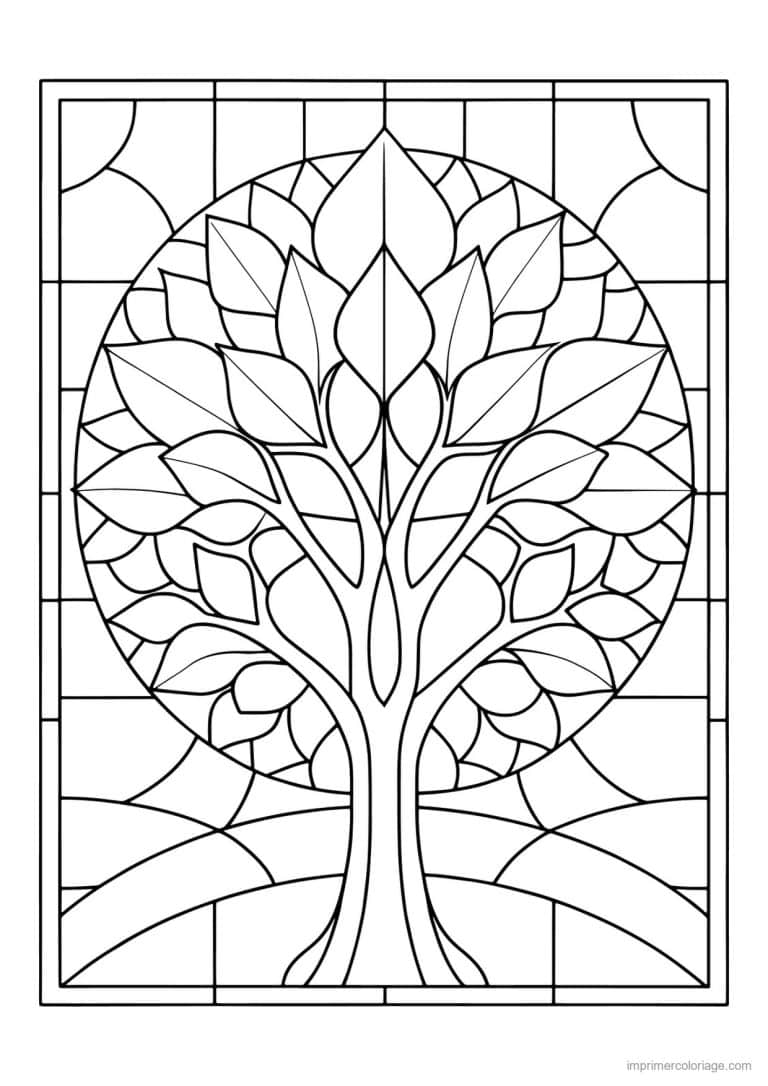 coloriage arbre vitrail feuillage dense - dessin gratuit &agrave; imprimer
