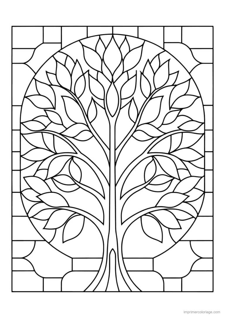 coloriage arbre vitrail fond brique - dessin gratuit &agrave; imprimer
