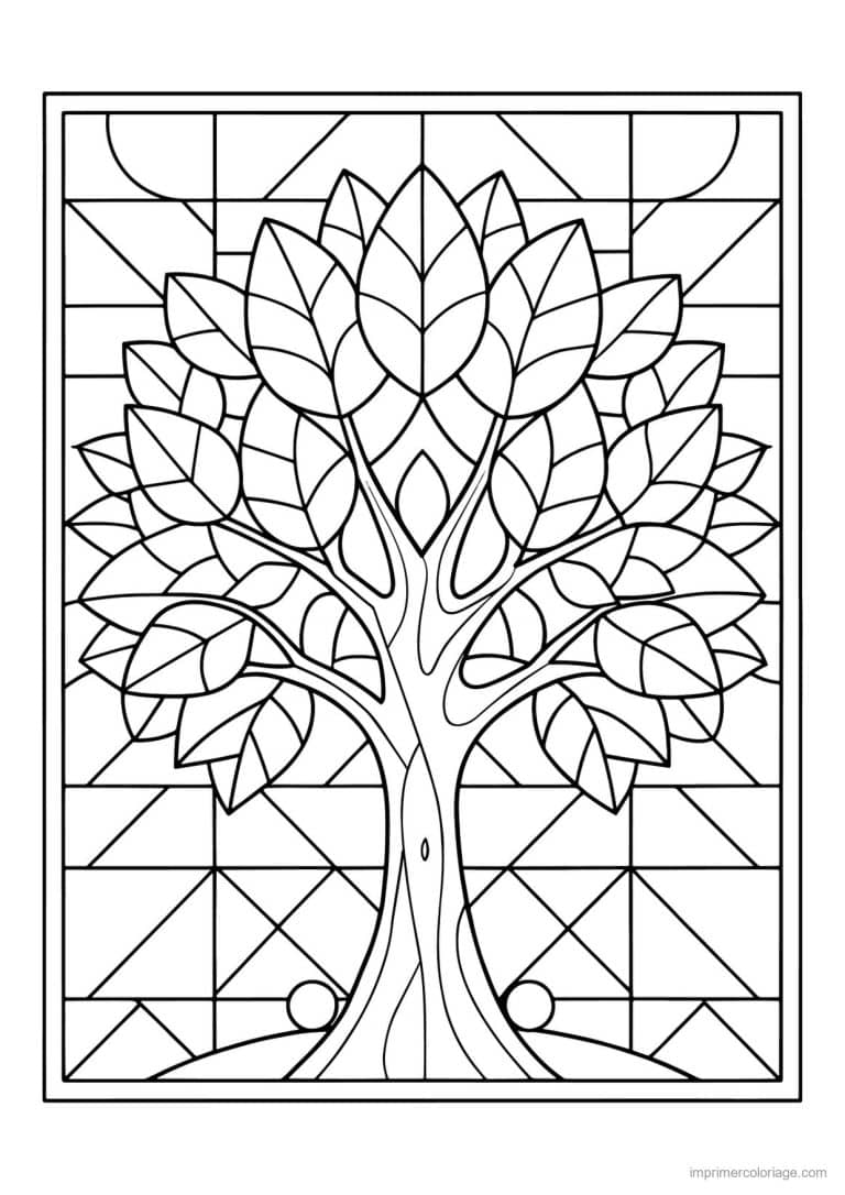 coloriage arbre vitrail grandes feuilles - dessin gratuit &agrave; imprimer