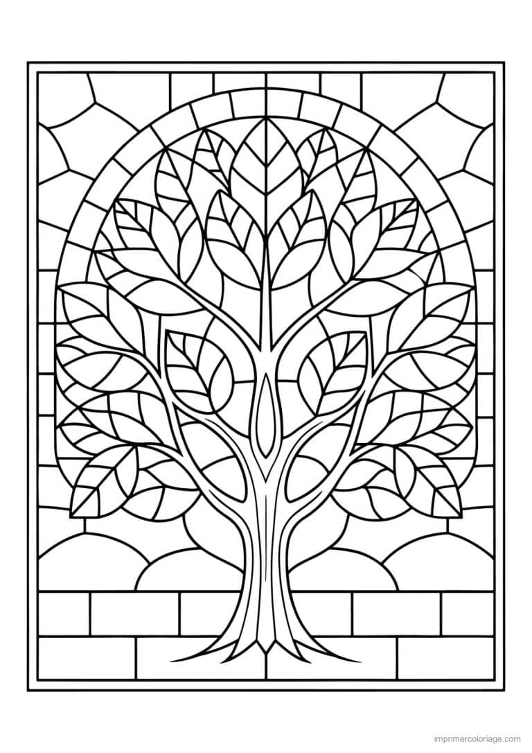 coloriage arbre vitrail mur de pierre - dessin gratuit &agrave; imprimer