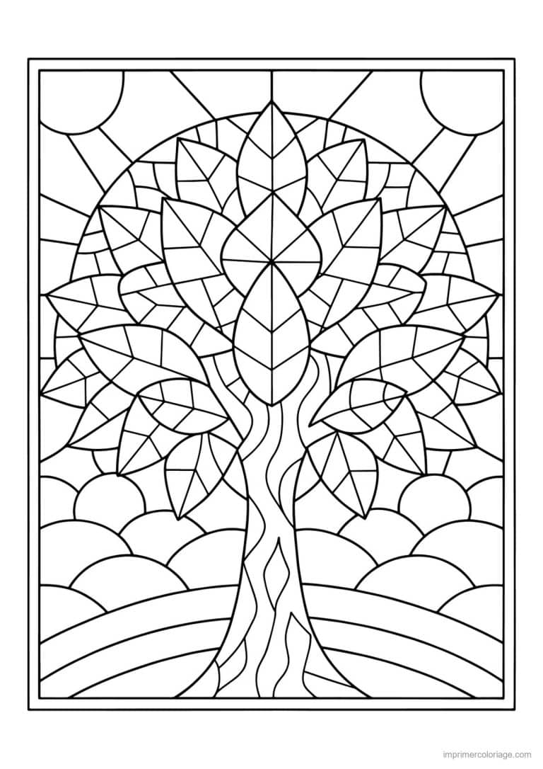 coloriage arbre vitrail soleil - dessin gratuit &agrave; imprimer